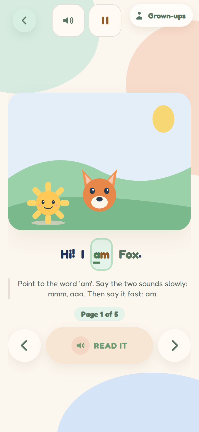 A page of a short story read aloud, with words the child can sound out